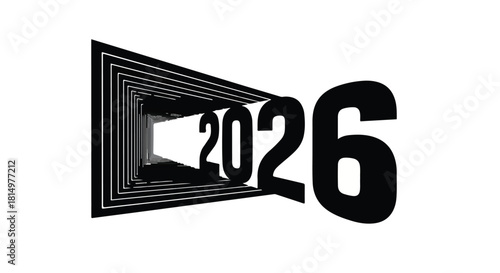 Bold 2026 numeral emerging from a geometric tunnel, symbolizing future progress and innovation.