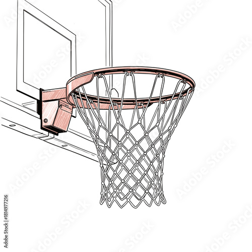 Basketball hoop net with attached rim in outlined style  