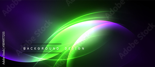 Abstract vibrant background. Green, purple hues blend smoothly. Flowing lines create dynamic visual effect. Modern design element.