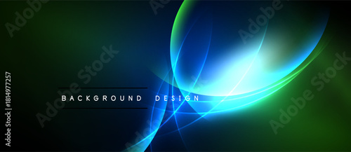Abstract design features vibrant curves, glowing lines. Dark background contrasts bright blues, greens, creating dynamic visual effect.