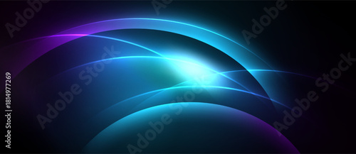 Abstract design features curved lines, vibrant blues, purples, bright central glow. Dark background emphasizes luminous shapes, creating dynamic visual effect.