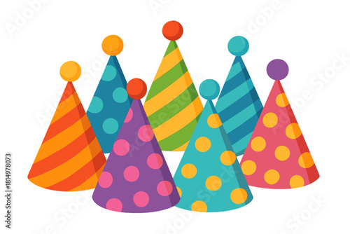 Colorful Party Hat Icons. Vibrant party hat icon set, showcasing a variety of designs and colors. Each hat is adorned with unique patterns like stripes and polka dots, topped with