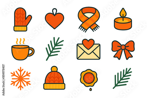 Cozy Winter Icons. Compassion Warmth flat icon set : wool glove, heart charm, cozy scarf, candlelight, tea cup, pine branch, open letter, ribbon tie, snowflake, wool hat, wax seal