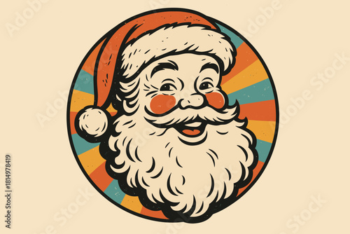 Retro Santa Claus. Retro-styled Santa Claus face with a jovial expression, surrounded by a halo of colorful retro stripes. The design captures the essence of joyful holiday spirits