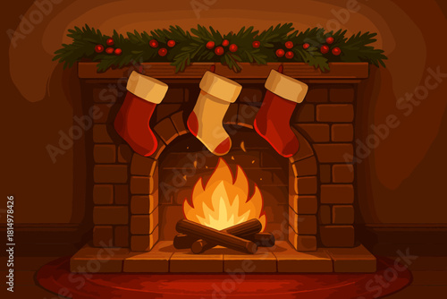 Cozy Christmas Fireplace. Cozy fireplace setting, with stockings hung and a crackling fire, creates a warm and inviting atmosphere. Above the mantel, a garland of pine and red