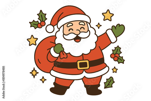 Jolly Santa's Festive Cheer. Jolly Santa Claus with a fluffy beard and red suit stands joyfully, holding a gift bag. He is surrounded by festive icons like stars and holly,