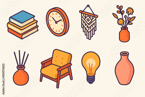 Cozy Home Decor. Cozy Home Decor flat icon set: book stack, wall clock, macrame hanger, dried flowers, diffuser, cushioned armchair, warm light bulb, vase