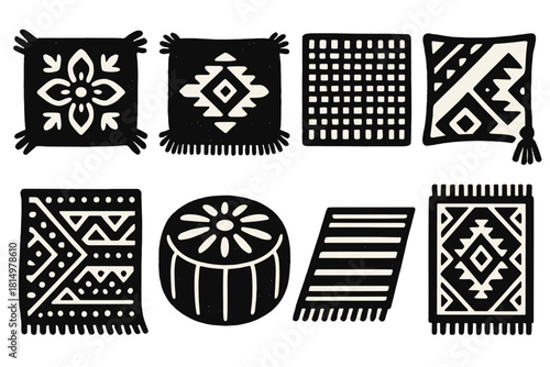 Bohemian Pillow Icons. Bohemian Pillow Mix silhouette icon set: embroidered pillow, fringed edge, tribal motif, woven texture, tassel corner, patterned fabric, round pouf, floor