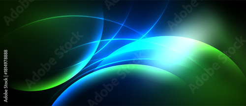 Abstract flowing lines, vibrant blues, greens create dynamic energy. Bright light source adds dramatic effect. Dark background emphasizes curves.