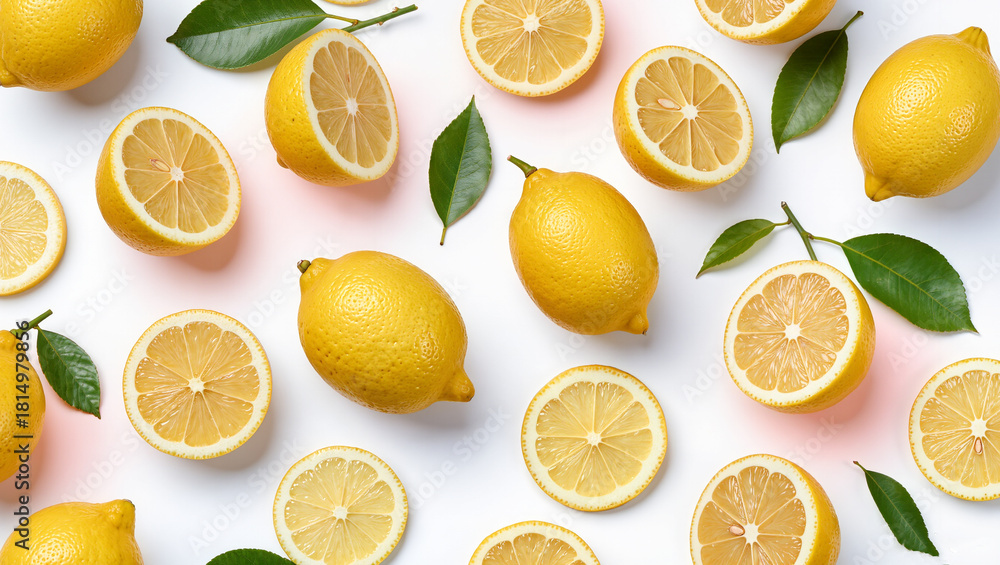 Fototapeta premium Fresh Lemon Pattern with Slices and Leaves, Bright Citrus Food Background, Modern Summer Fruit Photography