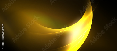 Abstract golden curves radiate light. Smooth gradients create dynamic visual flow, contrasting dark background enhances luminosity. Elegant design.