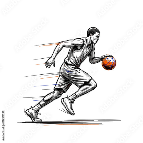 Basketball player running quickly while dribbling a basketball  