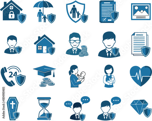 Insurance and Protection Vector Icons in Blue Minimalist Style