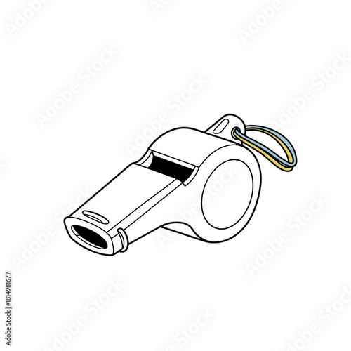 Whistle for sports officiating with yellow attachment on white background  