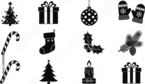 Black and white Christmas icon set, festive symbols, trees, gifts, candy canes, snowflakes, mittens, ornaments, vector graphic