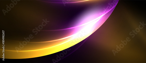 Abstract flowing lines, vibrant colors, dynamic curves. Gold, purple, white blend into dark background. Smooth gradients create elegant visual effect.