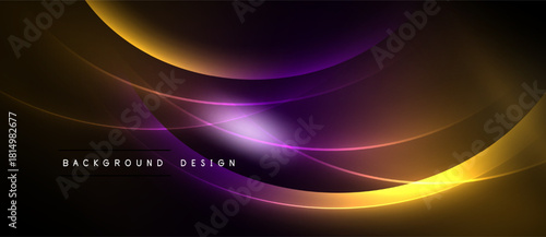 Abstract design features flowing curves, vibrant colors. Purple, orange, yellow gradients create dynamic visual effect. Dark background enhances luminosity.