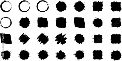 Grunge Brush Shapes Vector Set, Rough Ink Splash Circles and Squares, Abstract Black Paint Stroke Elements for Logo, Poster, and Graphic Design