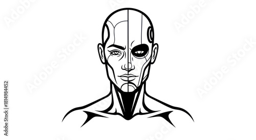 Monochrome Illustration of a Cyborg with Human and Mechanical Features.