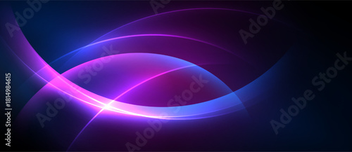 Abstract design features vibrant curves, gradients. Purple, blue hues dominate dark background. Dynamic, flowing shapes create modern aesthetic.