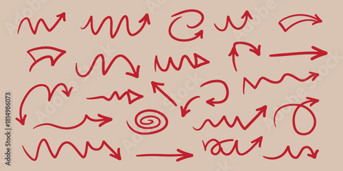 Collection of hand drawn red arrows in various styles on a beige colored background