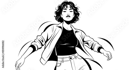 Stylish woman in casual attire striking a confident pose.