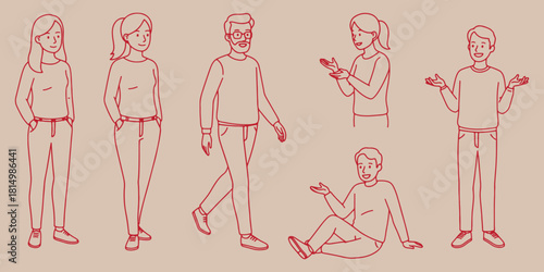 Red line drawing of six people in various poses standing sitting and walking on beige ground