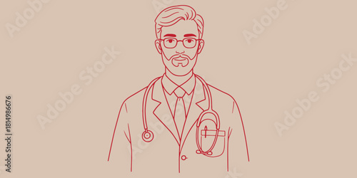 Red outline drawing of a doctor with glasses and a stethoscope on a beige background