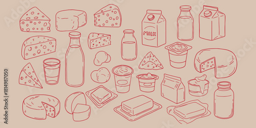 Illustration of various dairy products including cheese milk yogurt and butter in red lines