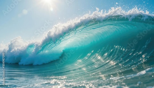 Emerald Wave Cresting Towards the Shore Under a Sunlit Sky