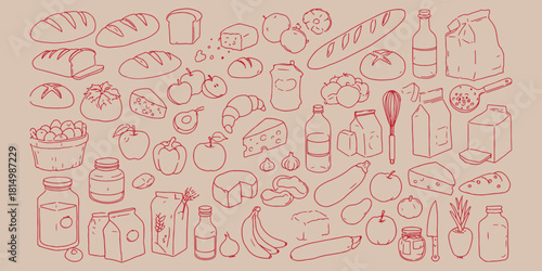 Red outline drawing of assorted food items including bread fruit cheese and containers
