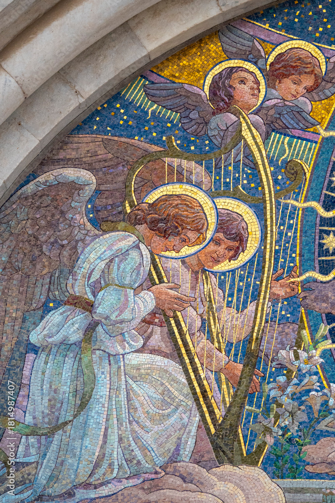 Fototapeta premium Mosaic (19th century) of a group of musician angels in the sky playing music.