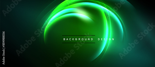 Abstract neon light shapes overlap, creating vibrant green glow. Dark background emphasizes luminous curves, modern design element.