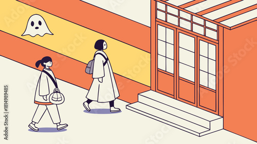 Two people walking towards a building with a ghost nearby.