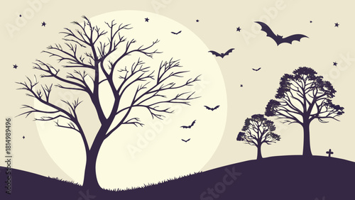 Halloween night landscape with trees and bats flying.