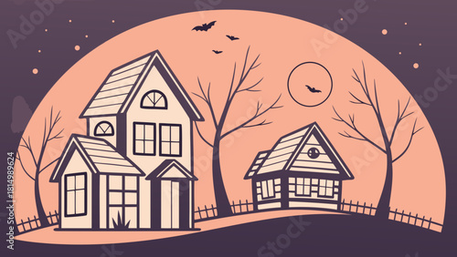 Halloween Night Village Illustration with Houses, Bare Trees, Bats, and Moon