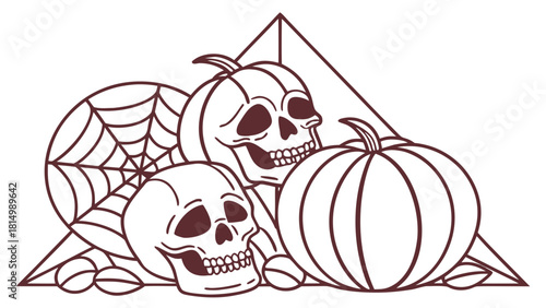 Halloween Skulls, Pumpkins, Spiderweb, and Geometric Triangle Line Art Illustration