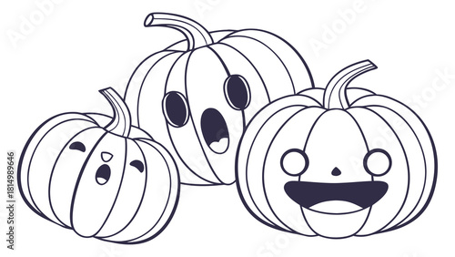 Cute Halloween Pumpkins Line Art Illustration with Expressive Faces for Coloring Book