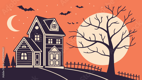 Halloween Night: Spooky Haunted House, Bare Tree, Full Moon & Flying Bats Illustration