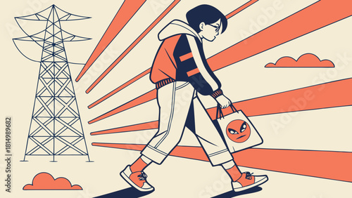 Young person walking with angry shopping bag near a power pylon. Urban consumer frustration concept.