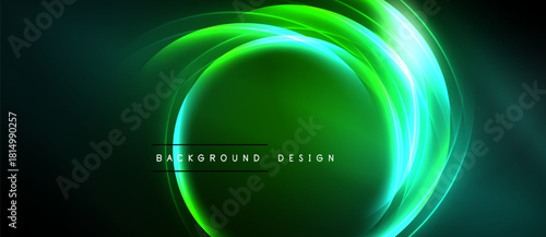 Abstract green neon swirls create dynamic circular design. Dark background emphasizes bright glowing lines, modern aesthetic.