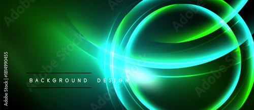 Vibrant green abstract design features flowing curves, circles, bright neon lines. Dark background enhances luminosity, modern aesthetic.