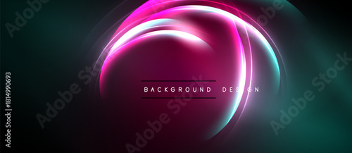 Abstract neon circles overlap dark background. Vibrant pink, teal hues create dynamic visual effect. Modern design element.