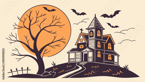 Spooky haunted house with bats and bare tree under full moon.