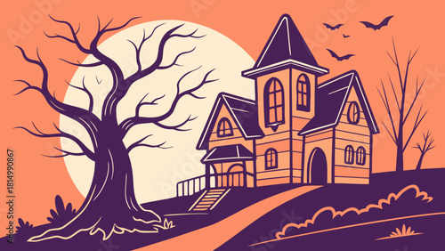 Spooky haunted house with bare trees under full moon.