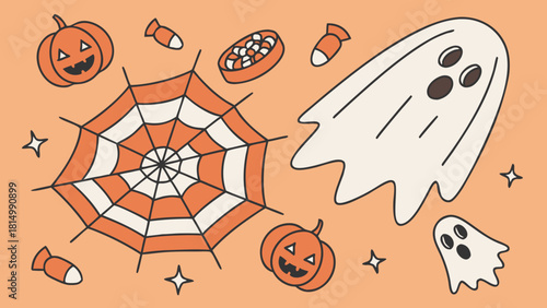 Halloween themed illustration with ghost, spider web, and pumpkins.