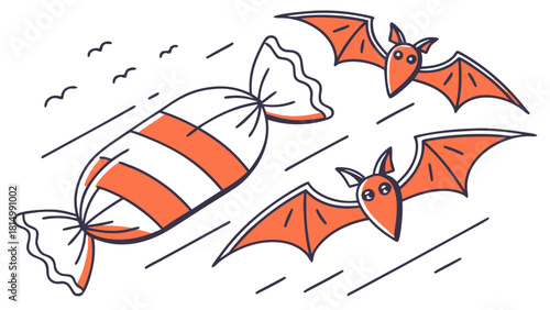 Halloween candy being chased by cartoon bats.