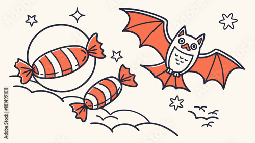 Halloween illustration with bat and candies in a whimsical design.