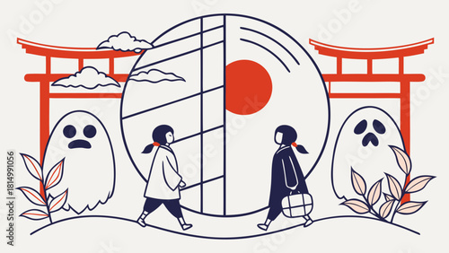 Illustration of people walking through a Japanese gate with ghostly figures and a large moon.