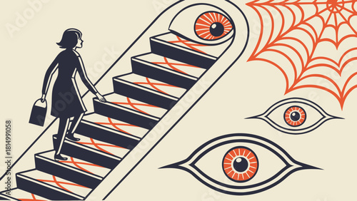 Woman ascending stairs surrounded by watchful eyes and spider web.
